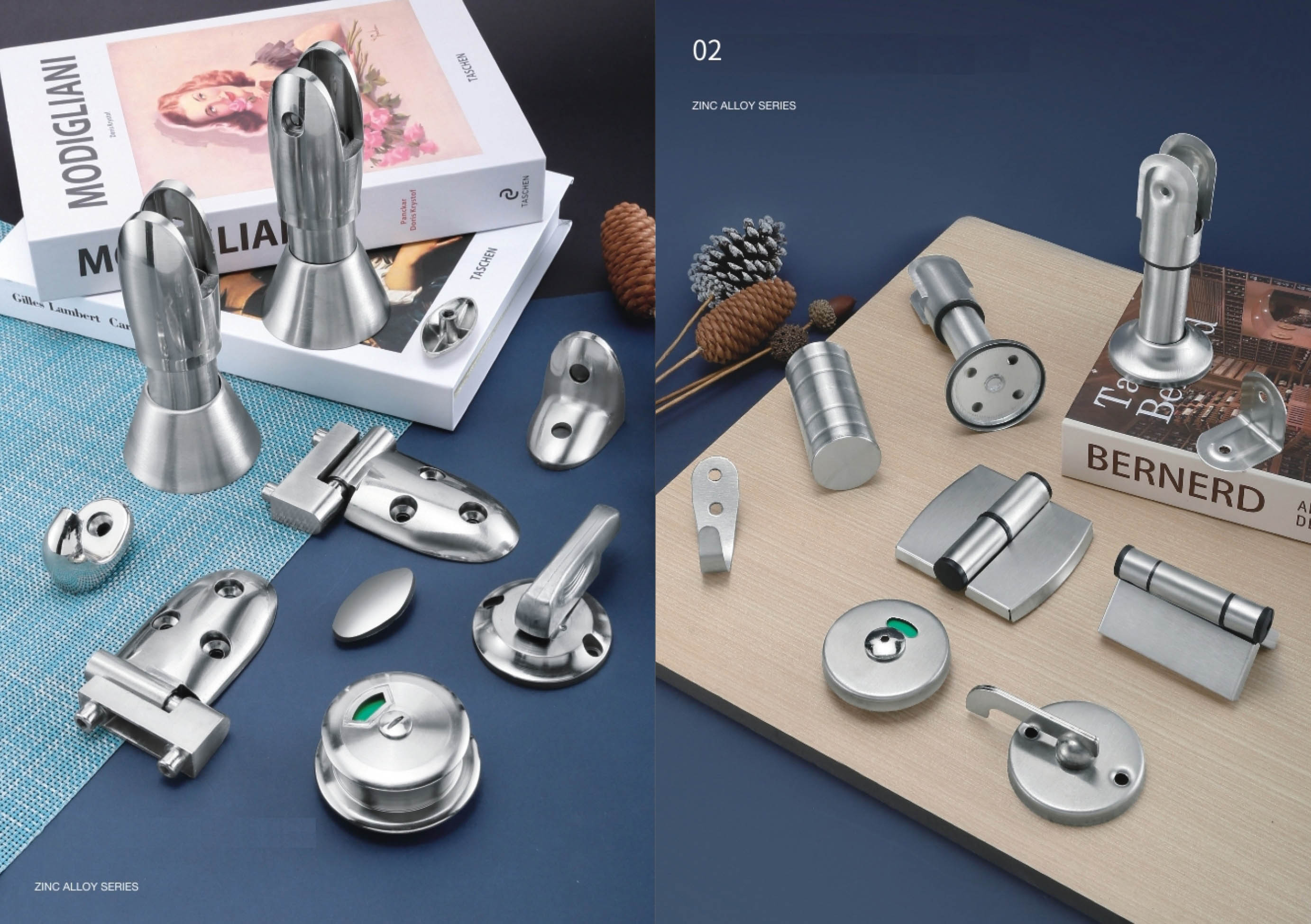 Stainless steel toilet partition hardware system including hinges, locks, support legs and connectors for commercial restroom cubicles